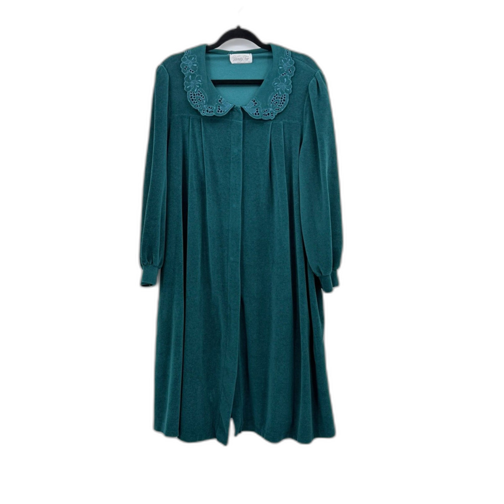 VTG Vanity Fair Turquoise House Dress Robe Snap Front Collared Pockets XL USA